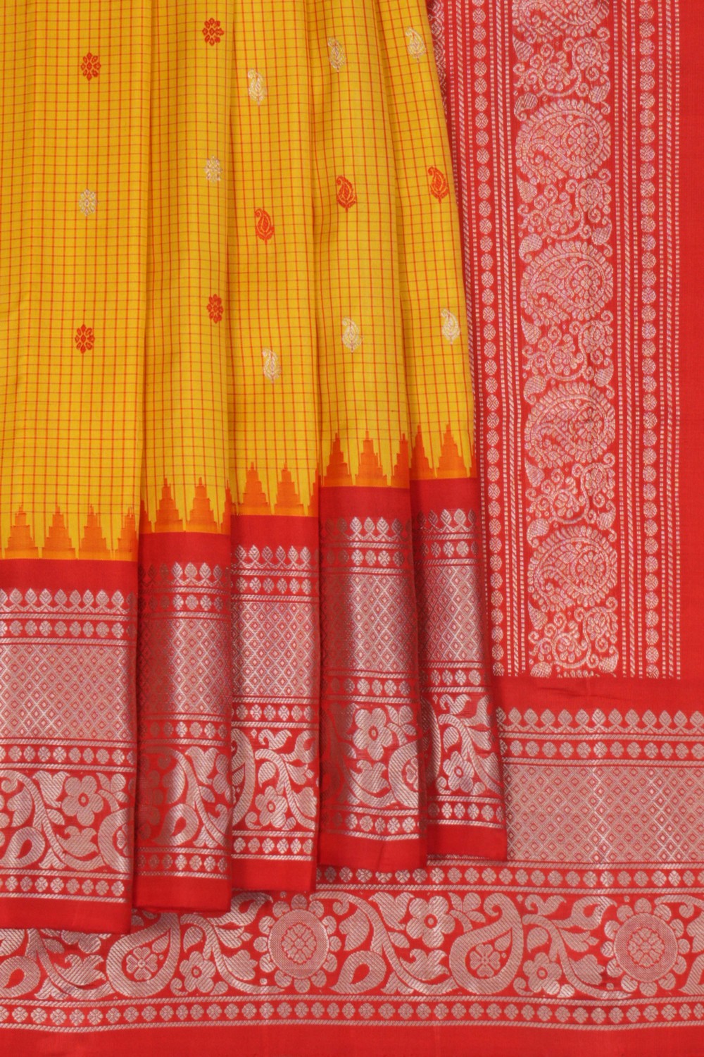 Image of Gadwal Silk Kattam Yellow Saree